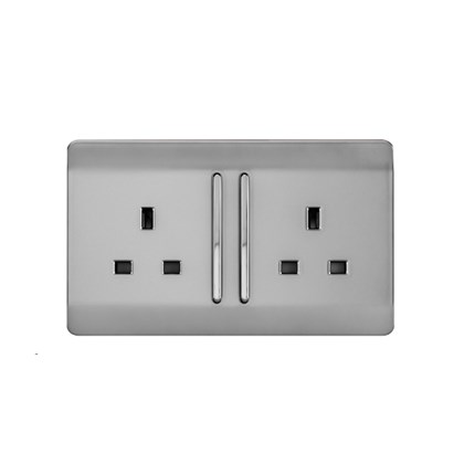 Trendi 2 Gang Modern Glossy Screwless 13 Amp Long Socket Plug Silver