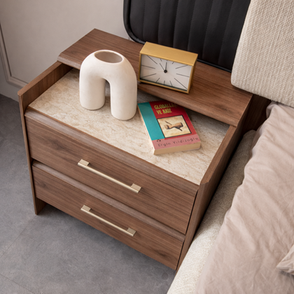 Bilbao Night Table – Walnut & Travertene