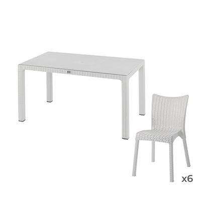 White Rattan Dining Set  - Plastic Table with Glass Top & 6 Chairs