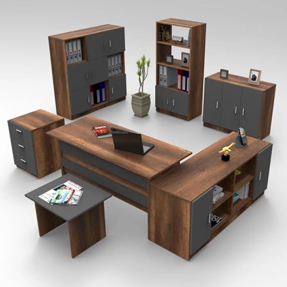 Office Furniture Set of 7 - Dark Oak & Grey