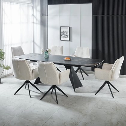 Extendable Dining Table - Black-Gold Ceramic Top with Black Metal Frame