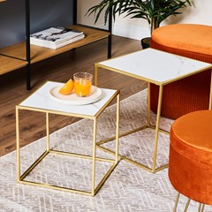 Set of 2 Square Coffee Tables – White Marble & Gold