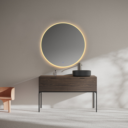 Bathroom Vanity Black Walnut - Ceramic Basin and Round Mirror