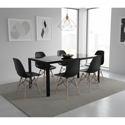 Set Dining Black Table Tempered Glass + 6 Chairs