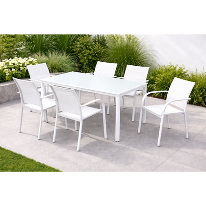Aluminium Glass Table & White Chairs