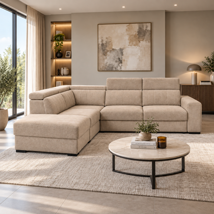 3 seater corner sofa bed with adjustable head rests (right)- Light Brown