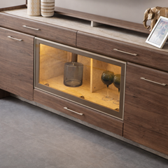 Console Table – Walnut & Travertine