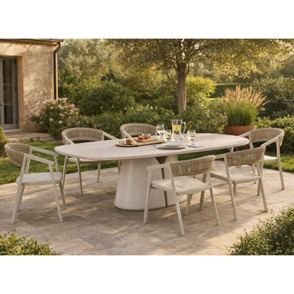 Set Dining Outdoor Light Beige  - Table Boat Shape & 6 Chairs