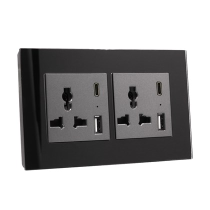 2 Gang 13AMP Socket USB C Black Temp Glass