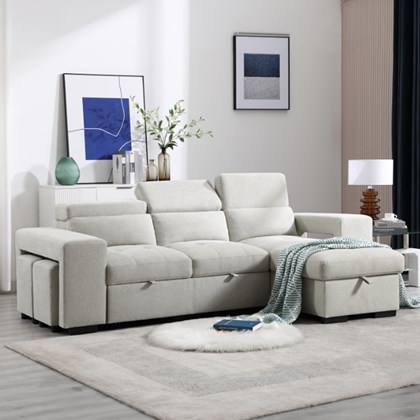 Reversible Corner Sofa Bed with Storage & 2 Ottomans - Beige