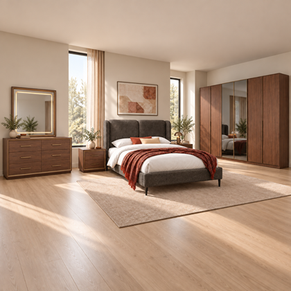 Wood Bedroom Set 160x200cm - Walnut & Bronze