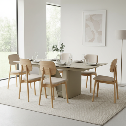 Dining Set – Extendable Grey Ceramic Table & 6 Beige Chairs