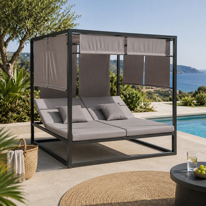 Aluminum Sun Lounger Bed with Adjustable Sunshades - Dark Grey