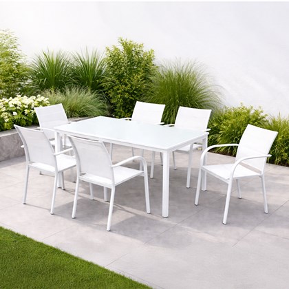 Aluminium Glass Table & White Chairs