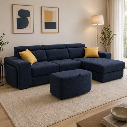 2-Seater Sofa Bed with CHL Right - Charcoal Blue