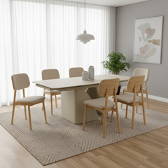 Dining Set – Extendable Grey Ceramic Table & 6 Beige Chairs