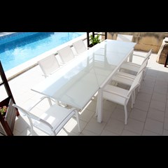 Aluminium Glass Table 200 x 100 cm Extendable 300 cm & 8 White Armchairs Set