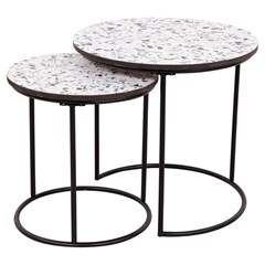 Set 2 Round Coffee Tables  in White Black Graniglia Effect