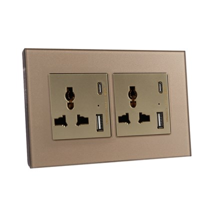 2 Gang 13Amp Socket Usb-C Gold Temp Glas