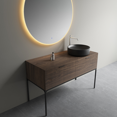 Bathroom Vanity Black Walnut - Ceramic Basin and Round Mirror