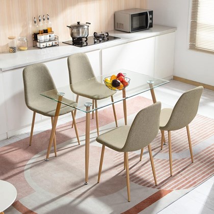 Modern Dining Set – Wood Finish Glass Table with Custom Grey Chairs