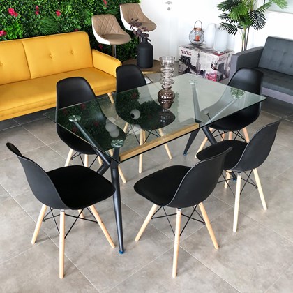 Dining Table Glass Top & 6 Dining Chairs Black Set