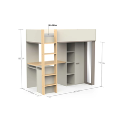 Loft Bed with Desk, Storage & Mirror – Beige & Grey