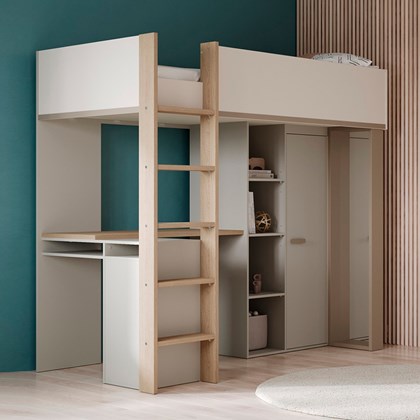 Loft Bed with Desk, Storage & Mirror – Beige & Grey