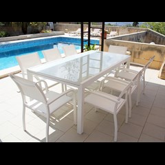 Aluminium Glass Table 200 x 100 cm Extendable 300 cm & 8 White Armchairs Set