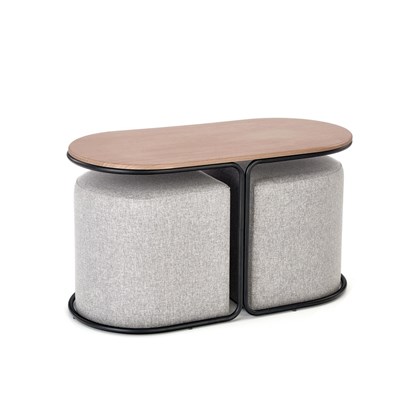 Coffee Table With Poufs - Walnut - Black & Grey