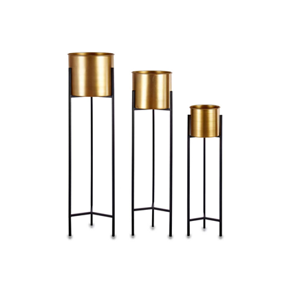Set of 3 Metal Flowerpots – Black & Gold