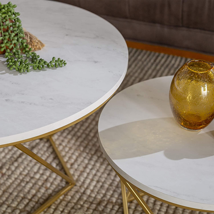 Set Of 2 Modern Round Nesting Coffee Table - Marble and Gold