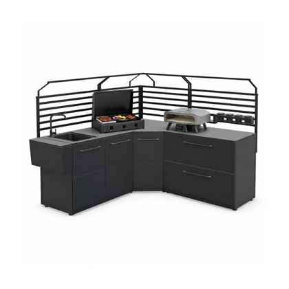 L-Shaped Outdoor Kitchen Set with Gas Plancha, Infrared Grill & Pizza Oven