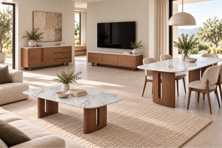 Collection – Walnut & White Marble Effect